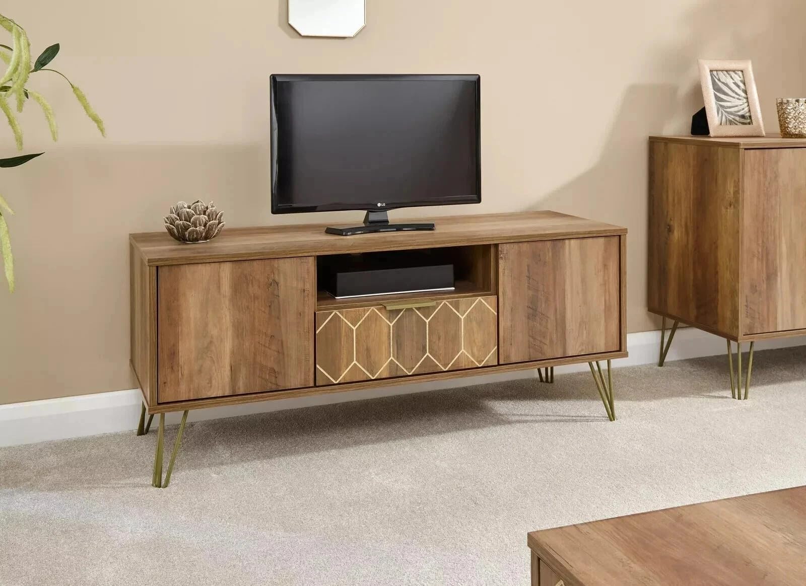GFW Orleans Mango Effect TV Cabinet, 2 Door 1 Drawer TV Unit with Hairpin Legs, Media Storage Stand for TVs up to 50 Inch