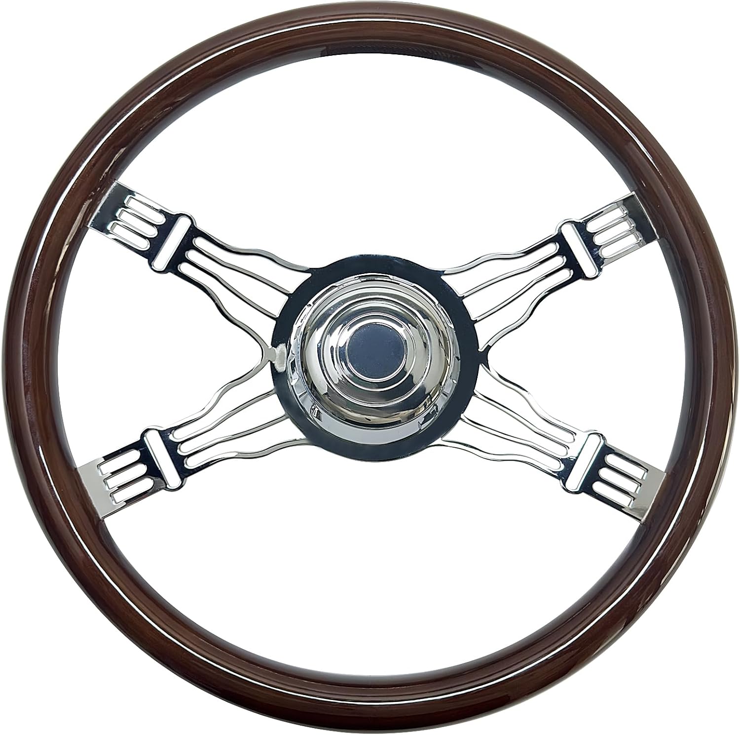 18 in Solid Wood Truck Steering Wheel 4 Spoke Aluminum Chrome Plated Steering Wheel 3 bolts for Semi Trailers,Trucks for Kenworth,Peterbilt,Volvo, Freightliner