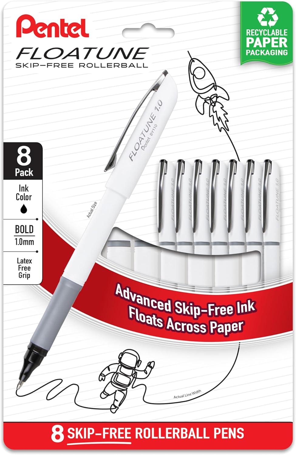 Pentel Floatune Rollerball Pen, (1.0mm), Bold Point, Black Ink, Pack of 8 (BY110PF8A)