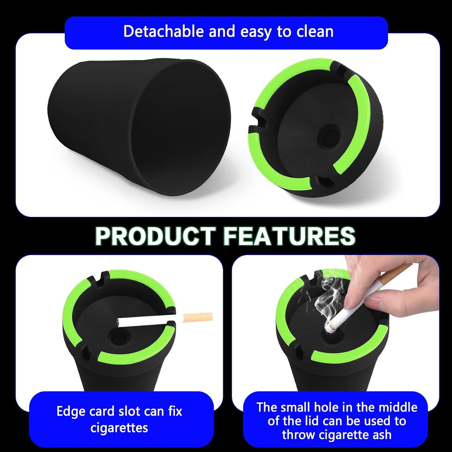 Smokeless Car Ashtray, Smokeless Ashtrays for Car Cup Holder, Glow In The Dark Smellproof Cup Holder Ashtray with Lid, Portable Mini Cigarette Trash Can Fits Cup Holder for Home (Black)