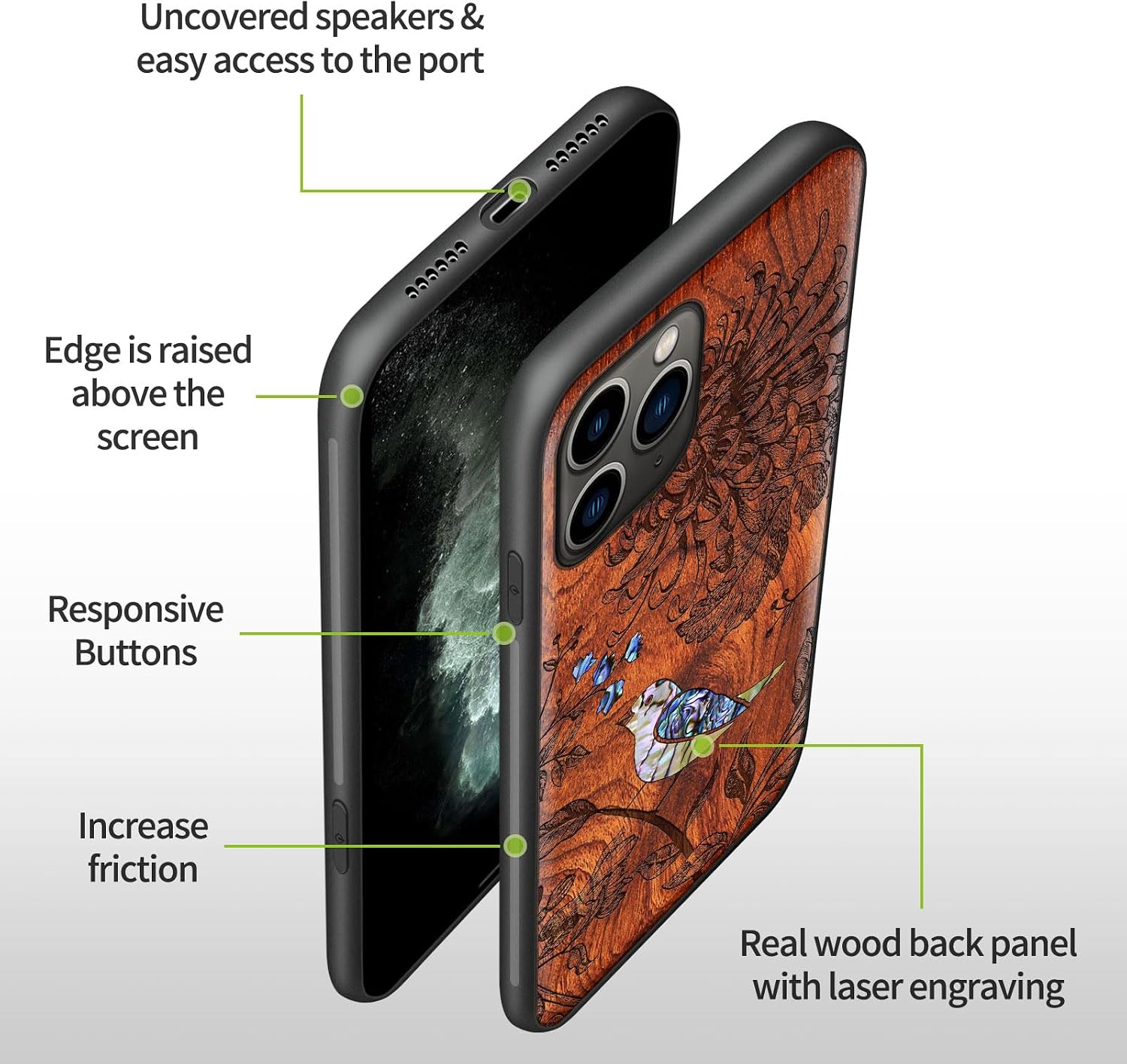 Carveit Designer Wooden Protective Case for iPhone 11 Pro Cover [Wood Engraving & Shell Inlay] Compatible with 11 Pro Case (Flowers and Bird-Rosy)
