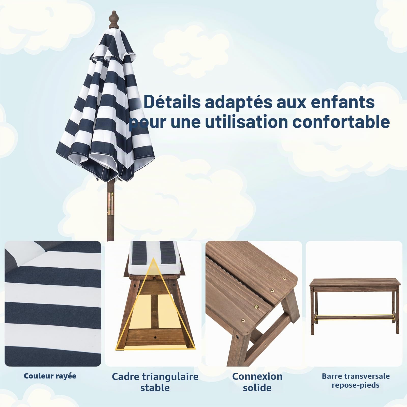 SOARS Ensemble de Table de Pique-Nique pour Enfants avec Parasol Réglable, Table et Bancs en Bois de Sapin pour Enfants avec Parasol et Coussins Doux, Salon de Jardin et Parc (Bleu)