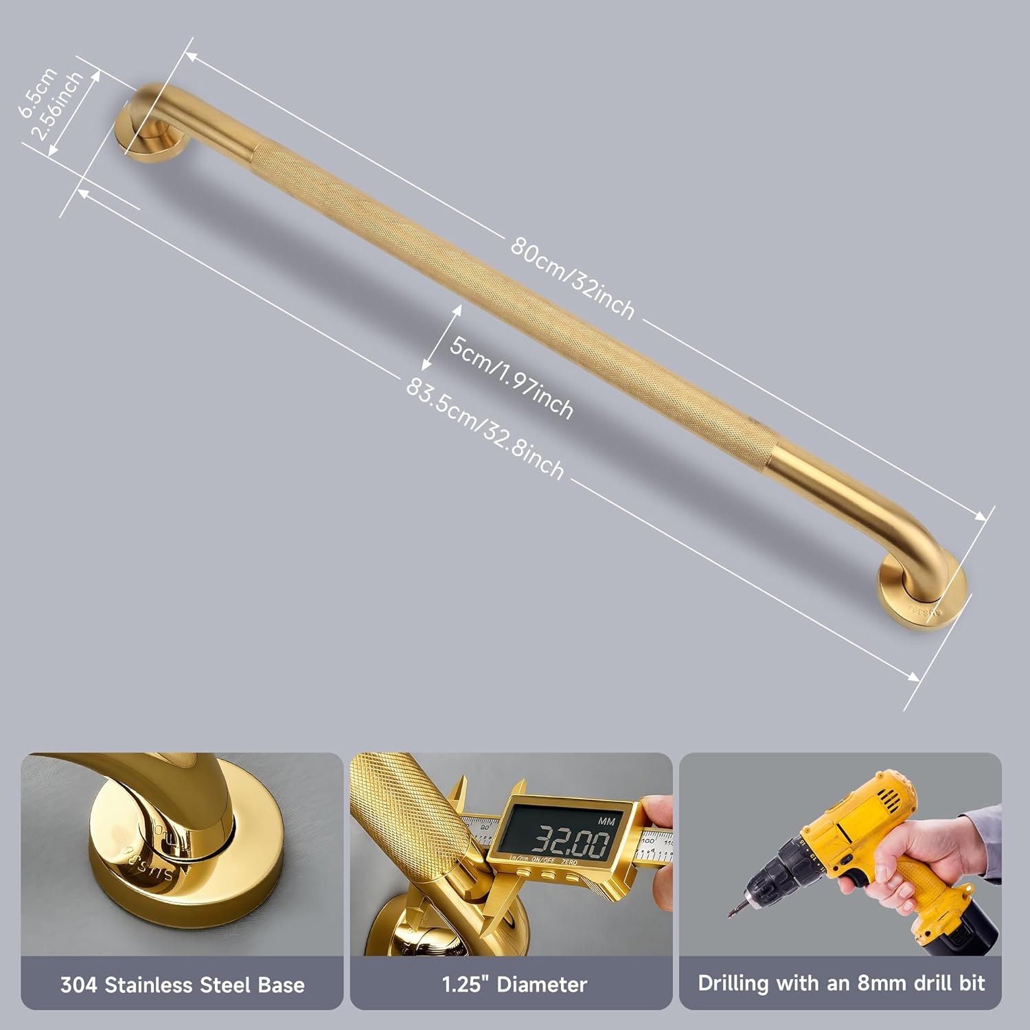32 Inch Shower Grab Bar 1.25" Dia, Gold Anti Slip Bathroom Grab Bar, 304 Stainless Steel Knurled Handicap Grab Bars, Safety Support Handrail, Assist Bath Shower Handle for Elderly Injury Senior 32 Inch-1Pack Gold