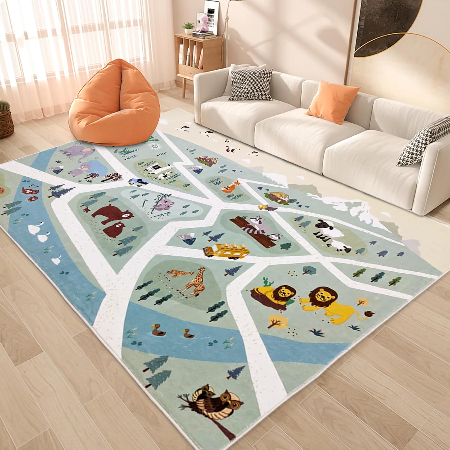 Kids Play Mat Zoo Animal Car Road Rug 8Ft Large Classroom Rug Playroom Classroom Carpet Adventure Area Rug for Boys Girls Children Educational Mat for Bedroom Nursery Decor, 5x8Ft, Green