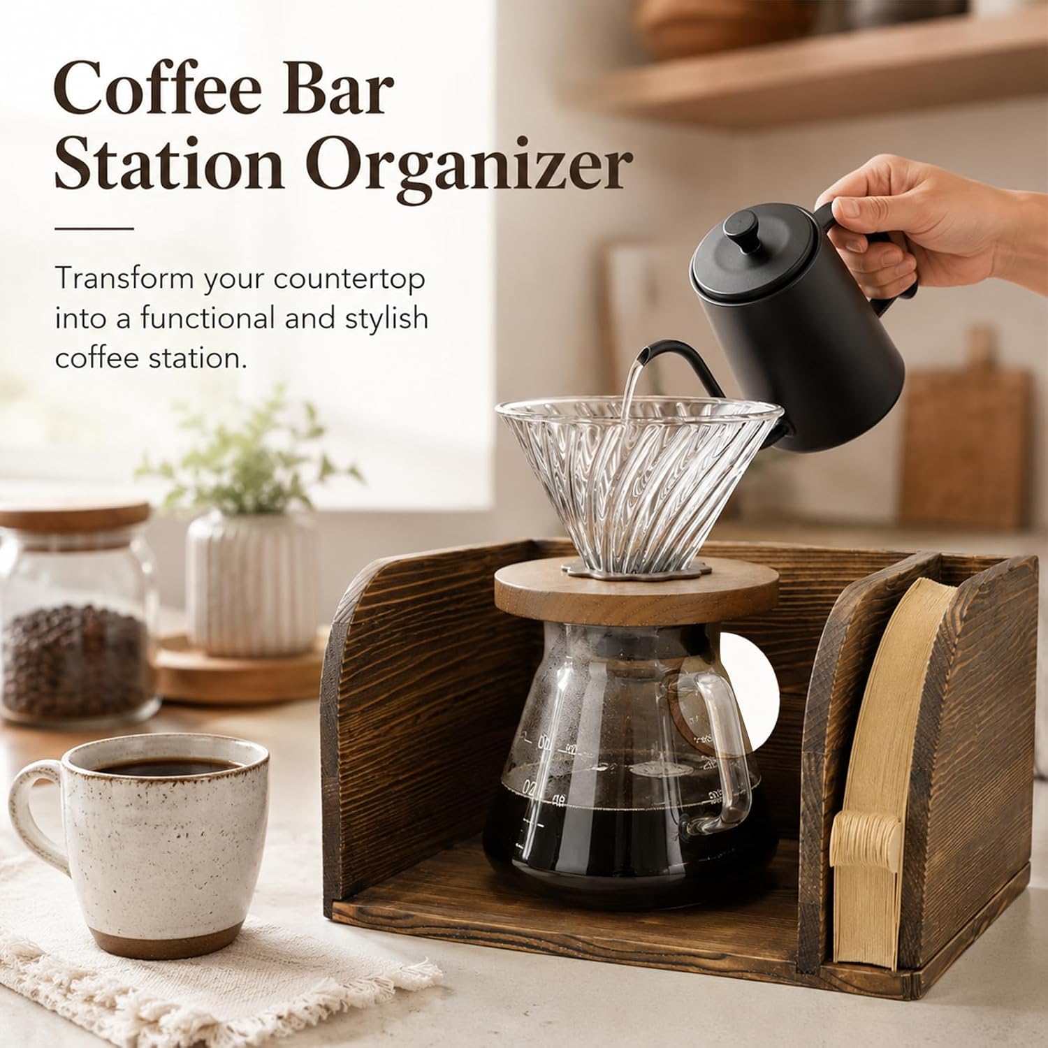 Acacia Coffee Bar Station Organizer Stand, Retro Pour Over Coffee Maker Storage with Cable Hole, Wooden Caddy Storage Organizer for Kitchen Home Office, 9.4 x 7.6 x 5.5 in