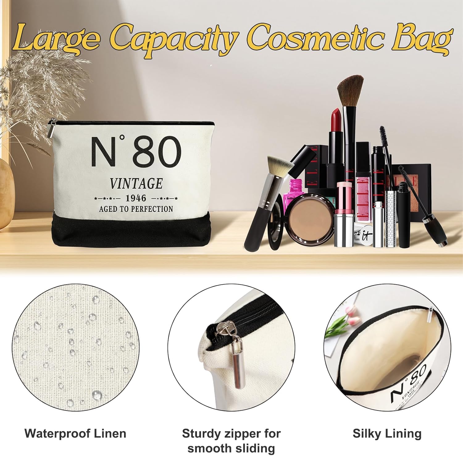 YeohJoy 80th Birthday Gifts for Women Canvas Tote Bag Travel Gear, Unique 80 Years Old Gifts for Wife Mom Sister Aunt Friends Her, Vintage N°80 Handbag & Cosmetic Bag & Back in 1946 Poster