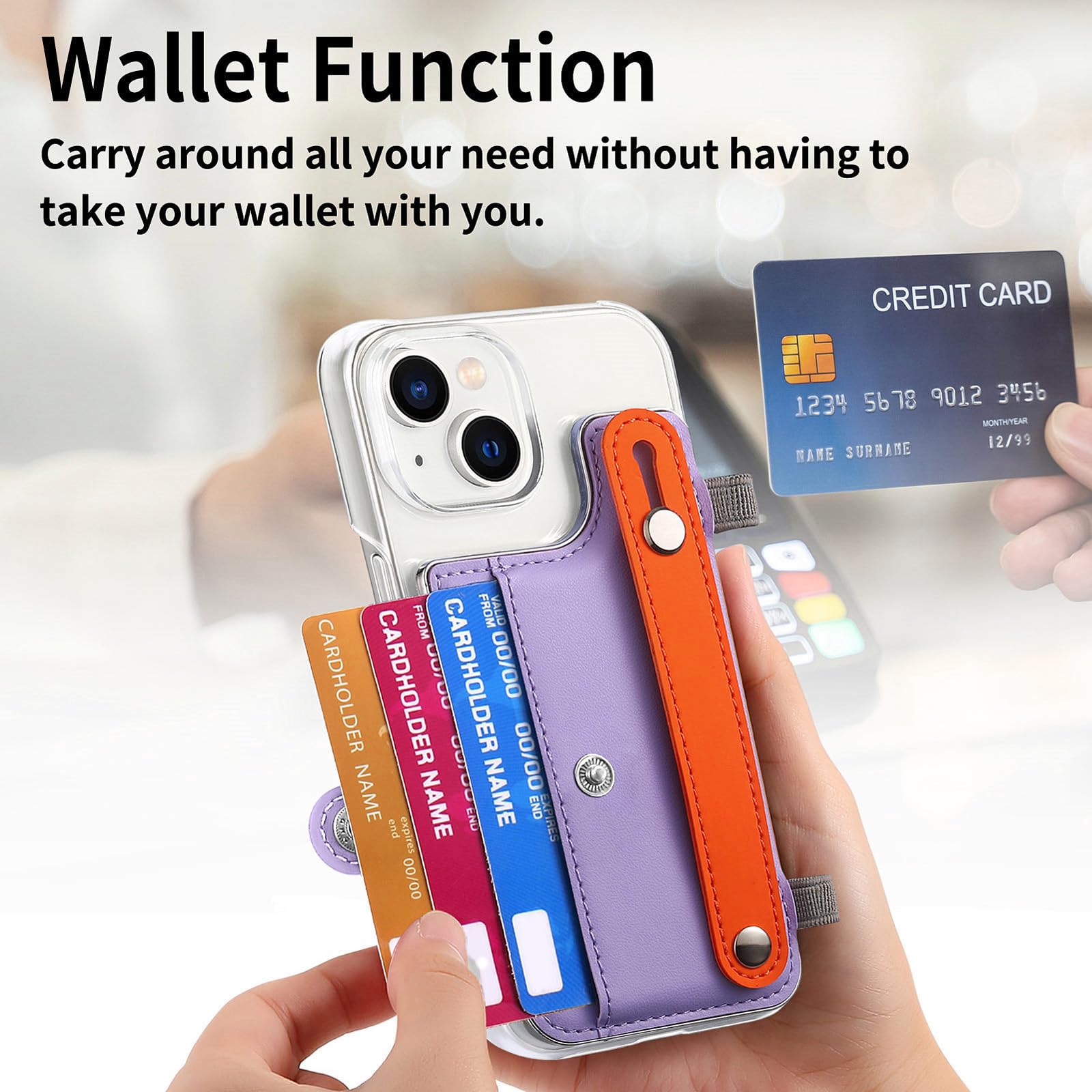 Skórzane etui do iPhone 15 Pro Max/15 Pro/15 Plus/15, stojak na nadgarstek, przezroczysta tylna obudowa, etui na karty, portfel, etui na telefon, fioletowy, 15Plus