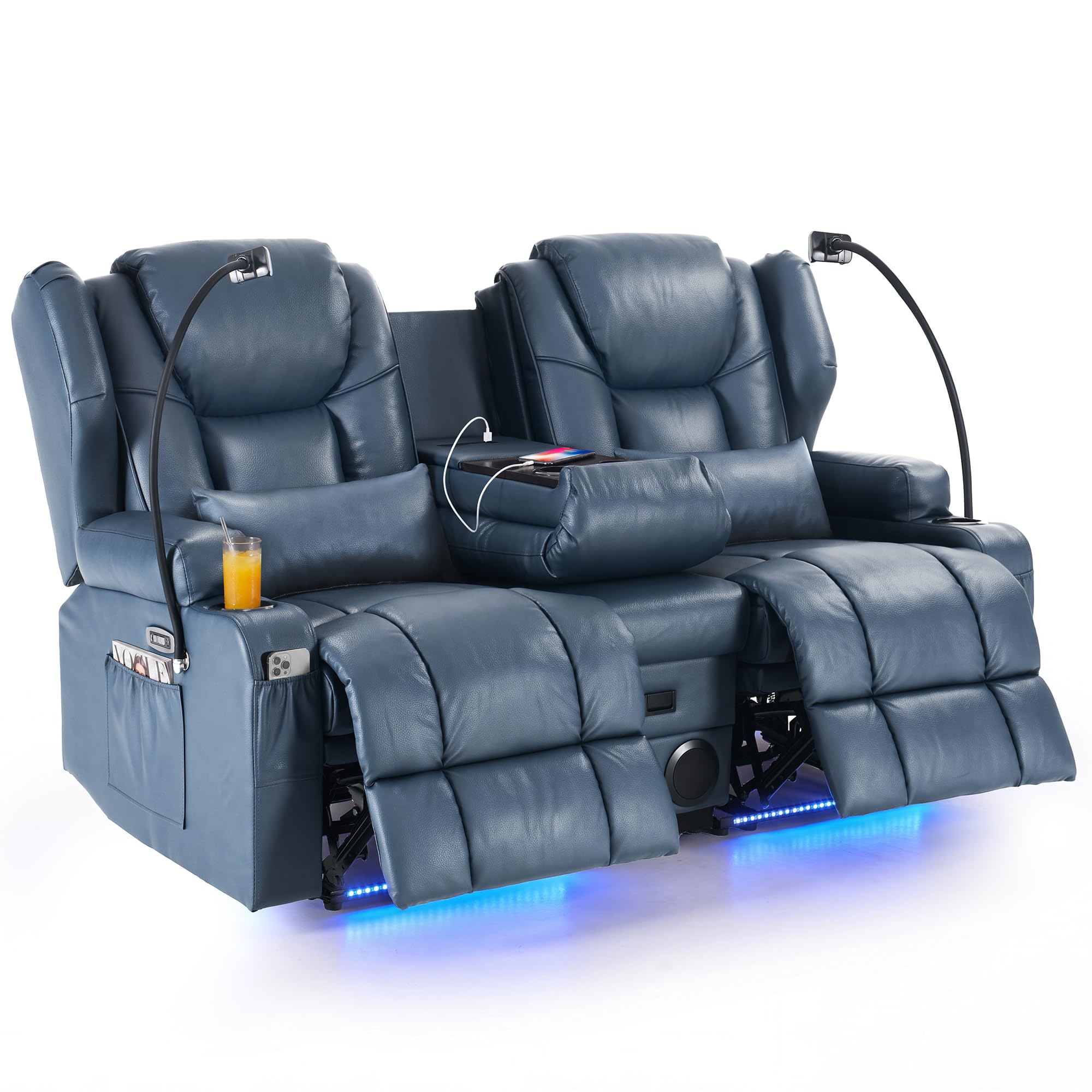 Redlife Power Loveseat Recliner Sofa with Console, Blue LED Lights