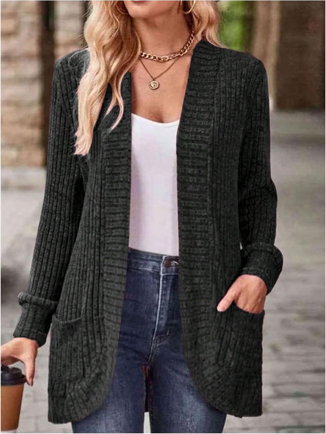 Women's Open Front Long Sleeve Cardigan Fall Dressy Casual Ribbed Knit Sweaters with Pockets - Image 5