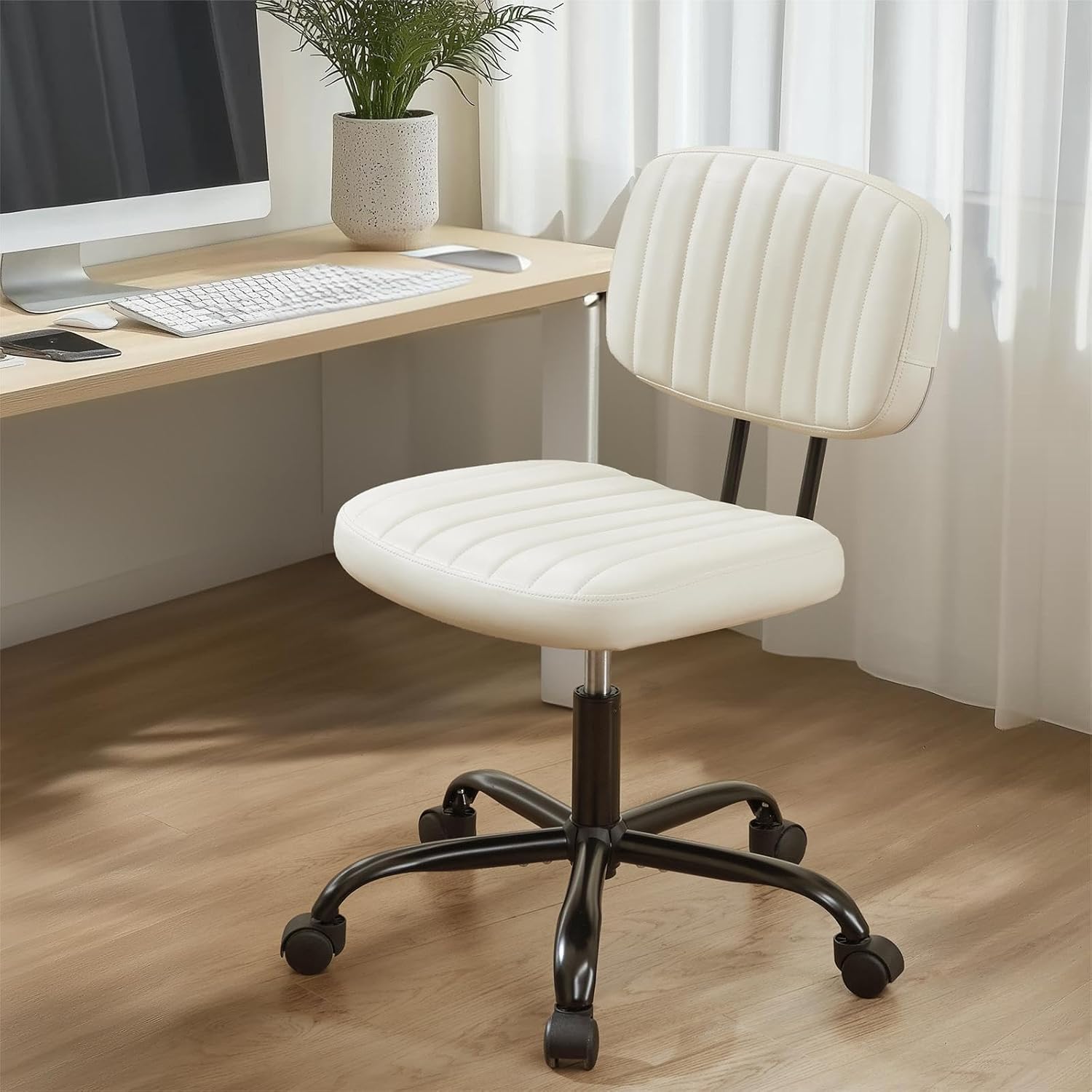 Sweetcrispy Small Office Desk Chair - Armless PU Leather with Comfy Lumbar Support Height Adjustable Rolling Swivel Task