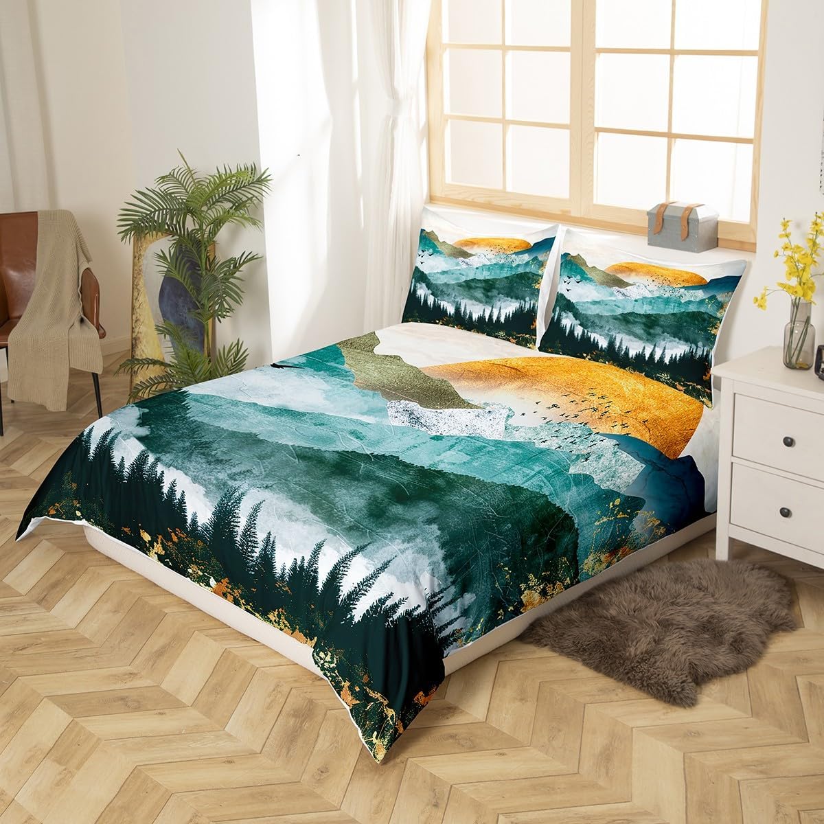 Women Men Bedding Set Chic Mountain Natural Scenery Art Bedding Duvet Cover Set For Teens Chinese Style Decor Comforter Cover Green Golden Landscape Bedspread Cover Bedroom 3Pcs Zipper Full Size
