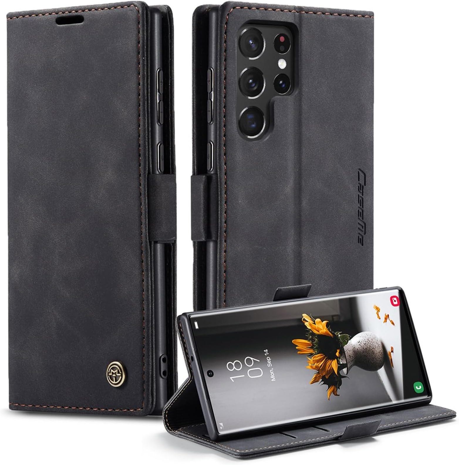 For Samsung Galaxy S22 Ultra 5G Fold able Stand Wallet PU Leather + TPU Cover Auto-absorbed Magnetic Closing Phone Case - Black