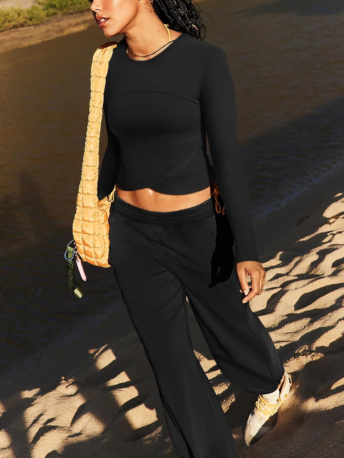 LASLULU Womens Sexy Crossover Crop Top Long Sleeve Workout Tops Crewneck Athletic Yoga T-Shirts Fall Outfits - Image 6