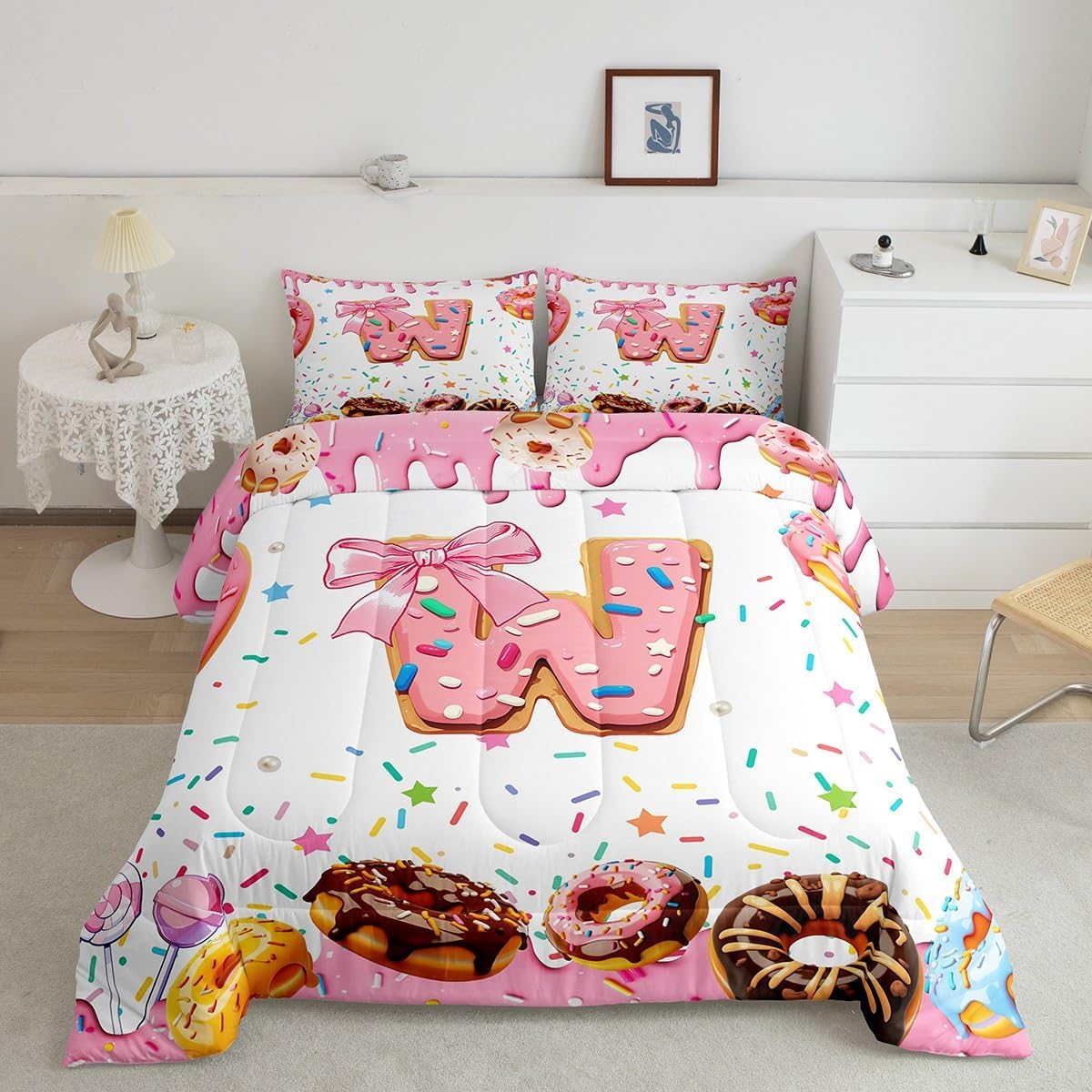 Erosebridal Kids Girls Pink Bow Comforter Set Twin Size Monogrammed Bedding Sets Personalized Initial W Duvet Quilt Colorful White Donut Sweet Candy Quilt Ultra Soft Modern Fashion Bed Set