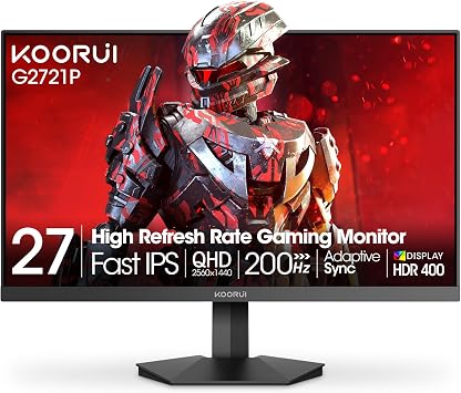 KOORUI 27" Gaming Monitor, 200Hz 1ms Fast IPS, WQHD 2560 x 1440p HDR 400 Display, DCI-P3 95% Color Gamut, FreeSync Premium, Adaptive G-Sync, HDMI x 2, DisplayPort, G2721P