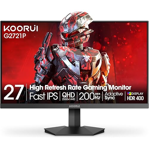 KOORUI 27" Gaming Monitor, 200Hz 1ms Fast IPS, WQHD (2560 x 1440p) HDR 400 Display, DCI-P3 95% Color Gamut, FreeSync Premium, Adaptive G-Sync, HDMI x 2, DisplayPort, G2721P