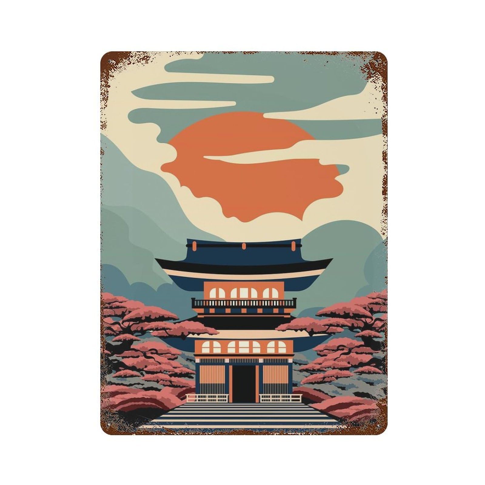 Pagoda Blossoms 15.7"x11.8" Vintage Metal Tin Sign, Retro Wall Decor for Basement, Hobby Room And Garage Decor