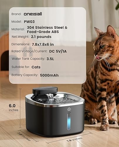 Miniatura 9 de oneisall Fuente de agua para gatos, 3.5L/118oz Fuente para mascotas de acero inoxidable que funciona con baterías, Fuentes de agua automáticas para