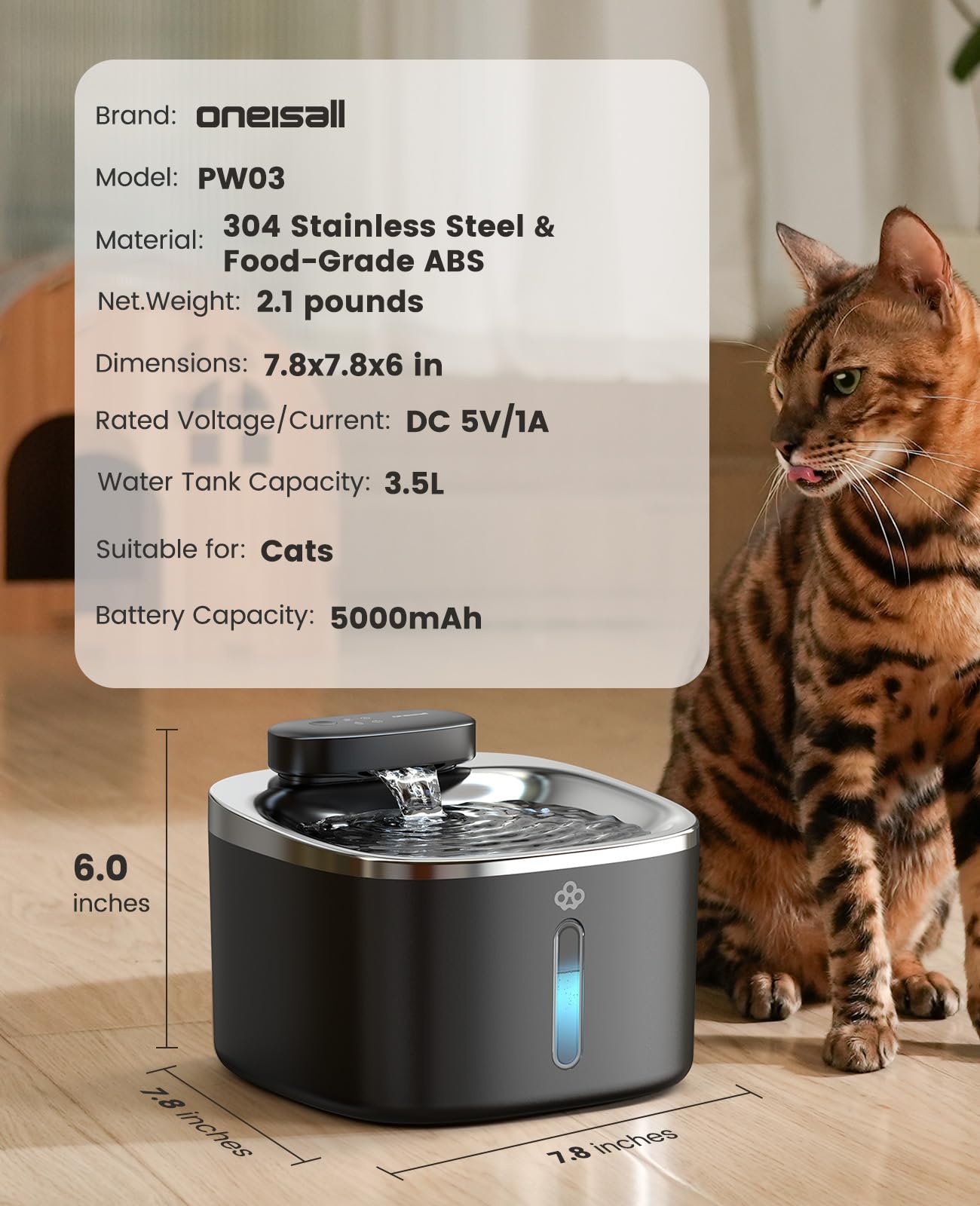 oneisall Fuente de Agua inalámbrica para Gatos para Beber, Fuente de Acero Inoxidable de 3.5 L con Sensor de Movimiento, Fuente de Agua inalámbrica silenciosa Que Funciona con Pilas, Cuenco para