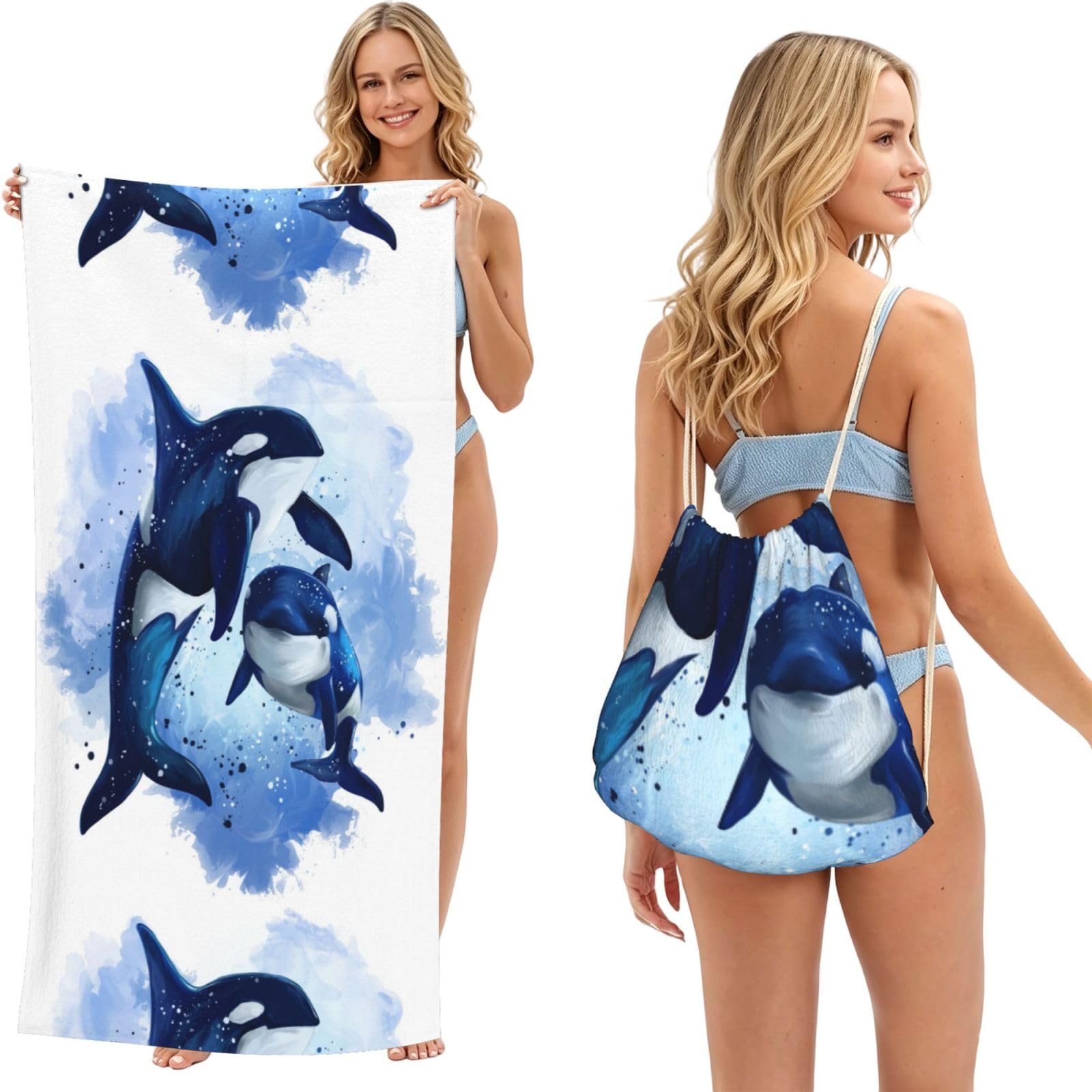 Poadnly As Picture Watercolor Two Killer Whales, 2 In 1 Packable Towel Bag, Beach Towels With Drawstring Backpack For Travel Holiday Camping