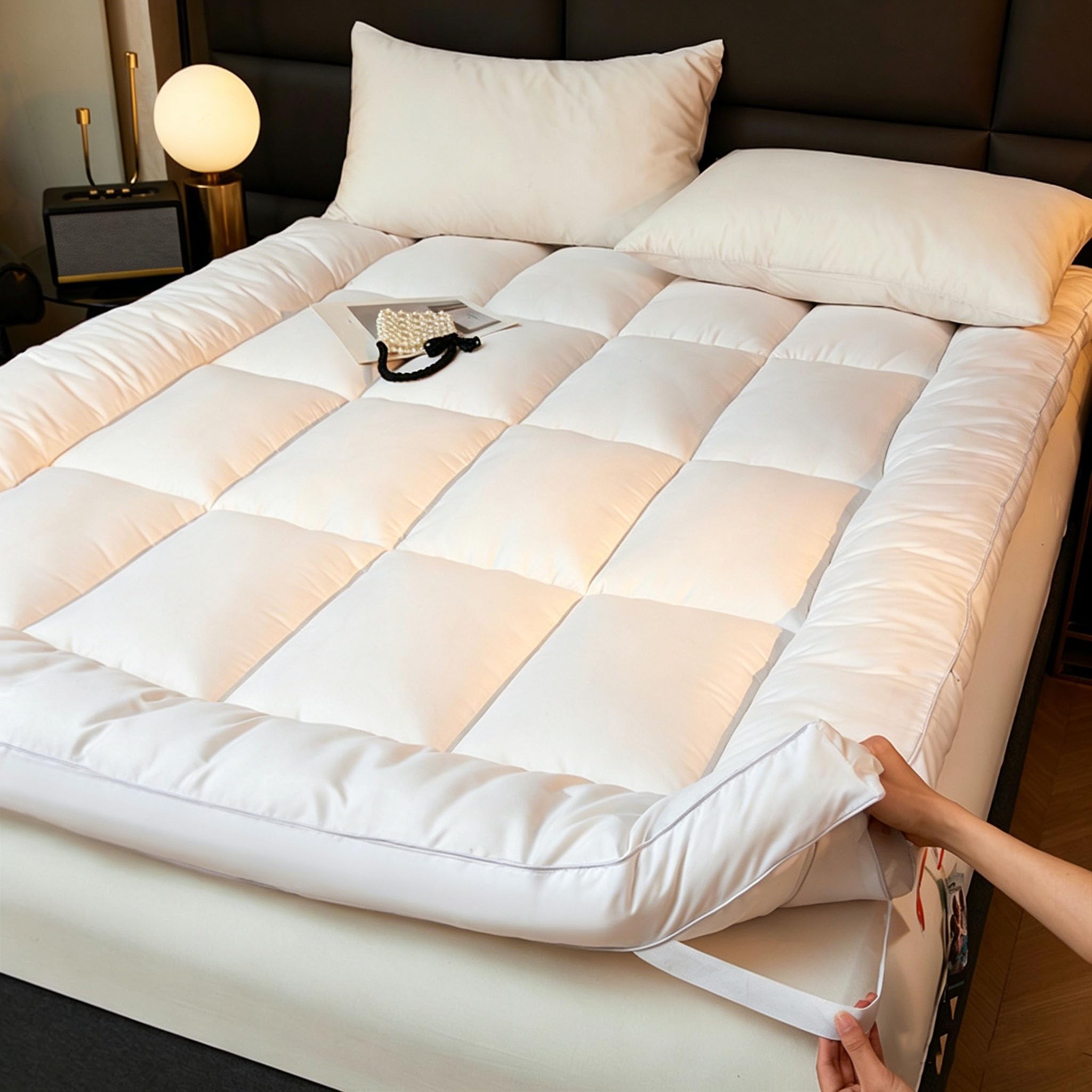 BK&MF 4" Queen King Size Thick Mattress Topper, Soybean Fiber Filled Bed Pad, Breathable Cotton Mattress Pad with Elastic Straps, for Bedroom,White,180x200cm(71x79inch)