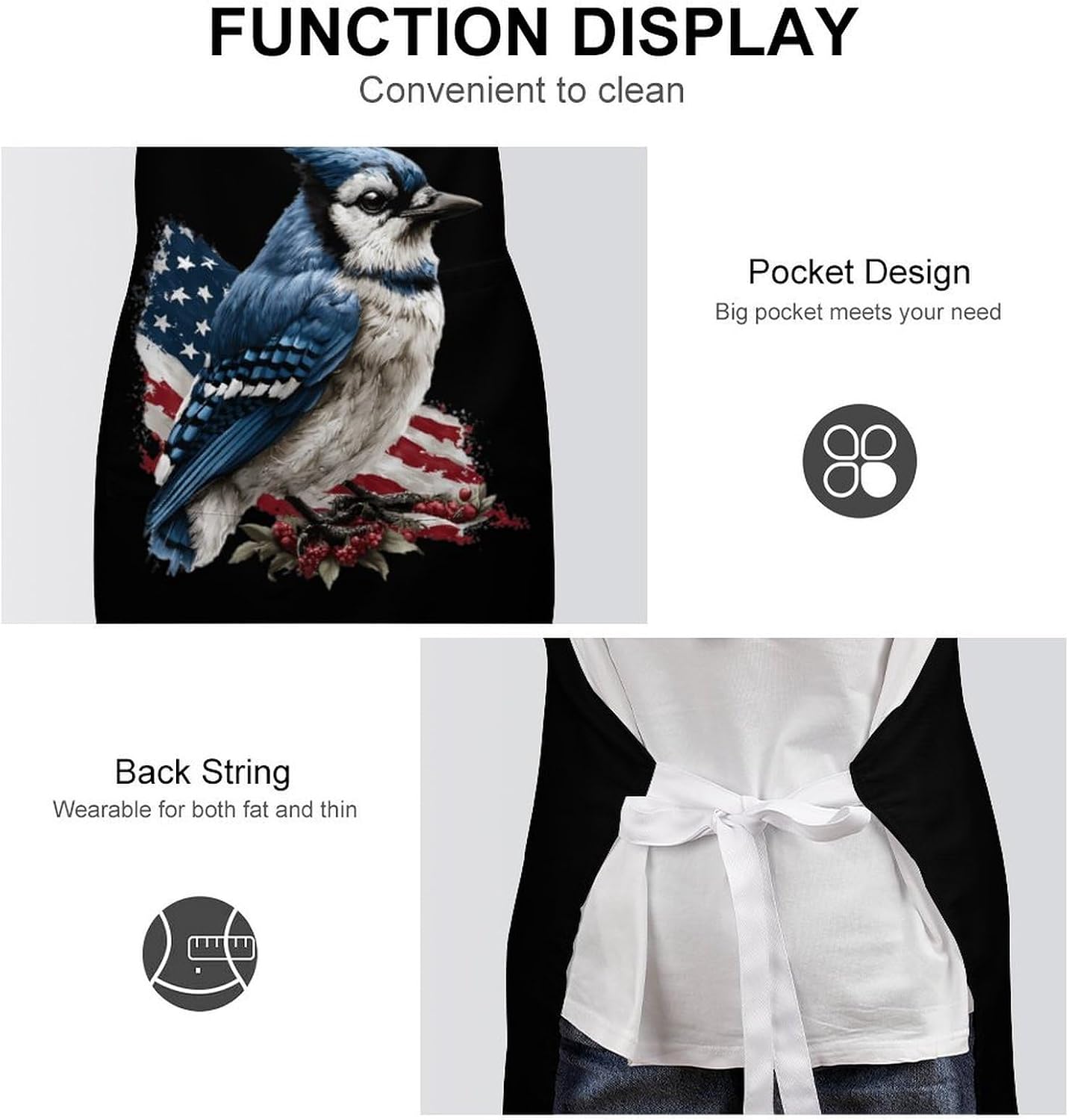 Blue Jay Bird with U.S. Flag Funny Apron Chef Aprons with Pockets for Gardening Cooking Kitchen