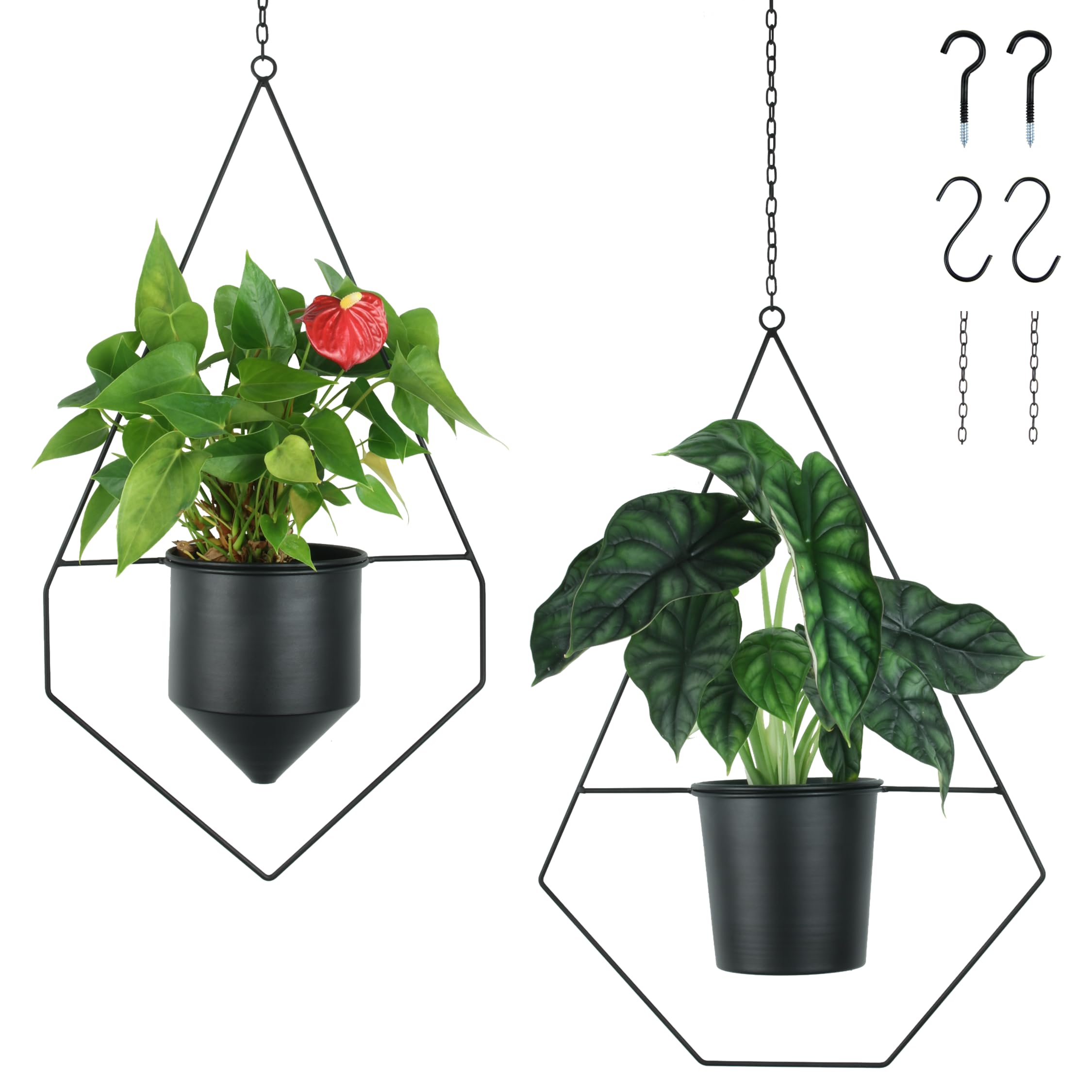 alma home Macetero colgante negro – Juego de 2 maceteros colgantes para interior y exterior, decoración de pared de metal para plantas con gancho y extensión de cadena