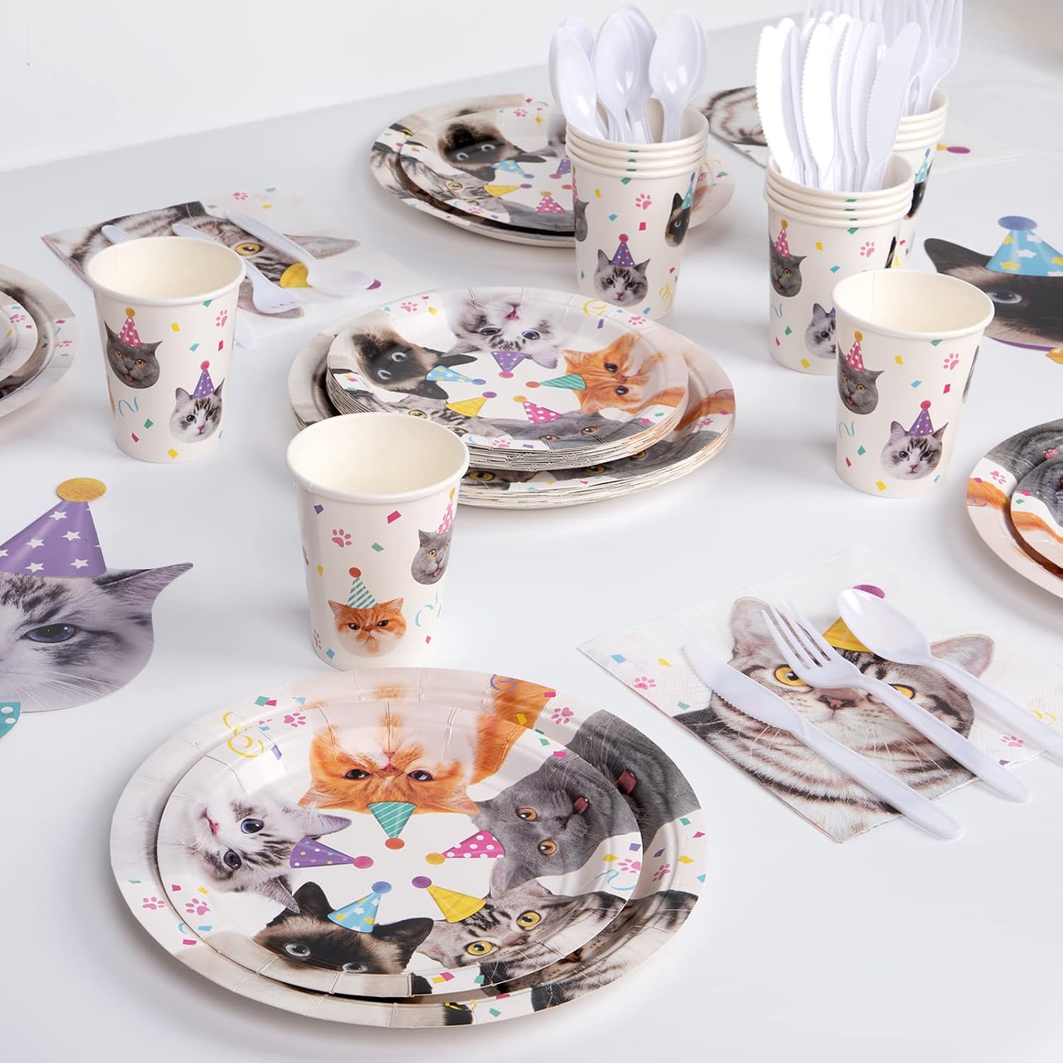 DECORLIFE Cat Party Supplies Serves 16, Cute Complete Pack Includes Cat Birthday Plates and Napkins, Cups, Cutlery, for Cat Party Decorations, Total 112 PCS
