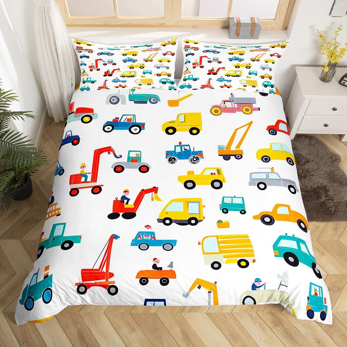King Construction Excavator Duvet Cover,Cartoon Cars Bedding Set,Various Types of Bus Truck Comforter/Quilt Cover,Child Kids Boys Girls Room Decorative (1 Duvet Cover 2 Pillowcases) Colored