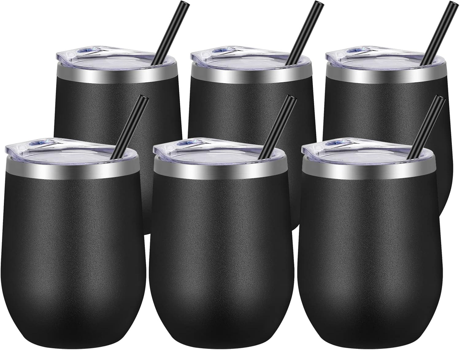 VEGOND Wine Tumblers Bulk 6 Pack, 12oz Stainless Steel Stemless Wine Glass with Lids and Straws, Double Wall Vacuum Insulated Tumbler Cup, Coffee Mug for Cold Hot Drinks