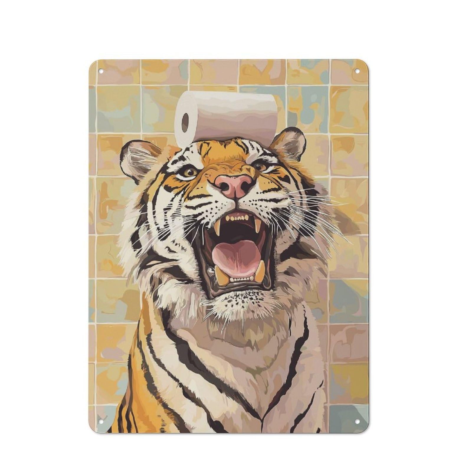 Nostalgic Decorative Tin Sign 40x30cm Featuring Tiger with Toilet Paper on Head, Old Style Wall Plaque for Kitchen, Hallway, Bar Or Small Cafe