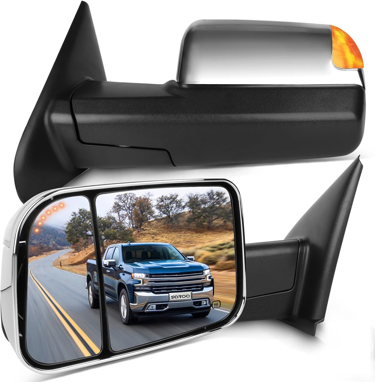 SCITOO Towing Mirrors Compatible with 2002-2008 For Dodge For Ram 1500 2003-2008 For Dodge For Ram 2500 3500 A Pair tow mirror Power Adjusted,Heated,LED Turn Signal Light,with Chrome Cap Housing