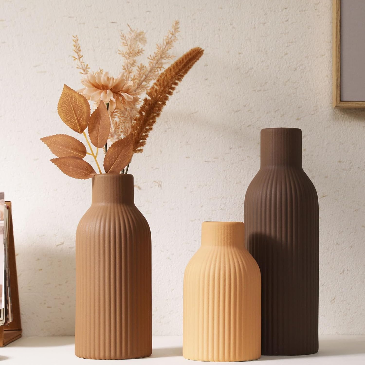 Ceramic Vase Set of 3 - Handcrafted Ceramic Vases for Home Decor & Shelf - Modern Farmhouse Decor for Kitchen, Office, Bedroom & Living Room Decorative Objects for Mantel, Table Centerpieces - Image 9