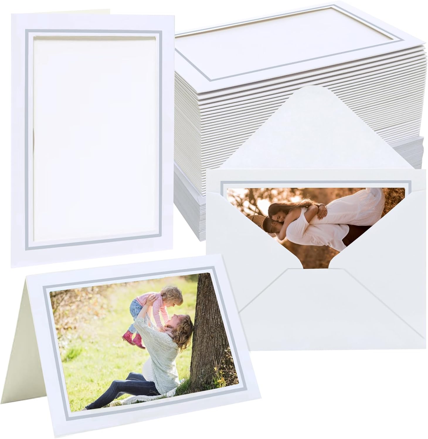 100 Pack Photo Frame Cards with Envelopes 4x6 Paper Picture Frame Bulk Blank Photo Insert Cards for Wedding,Graduation,Mother's Day, Classroom DIY - White with Silver Trim