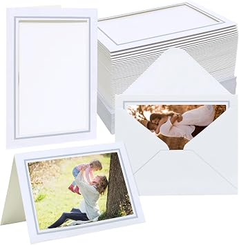 100 Pack Photo Frame Cards with Envelopes 4x6 Paper Picture Frame Bulk Blank Photo Insert Cards for Wedding,Graduation,Mothers Day, Classroom DIY - White with Silver Trim