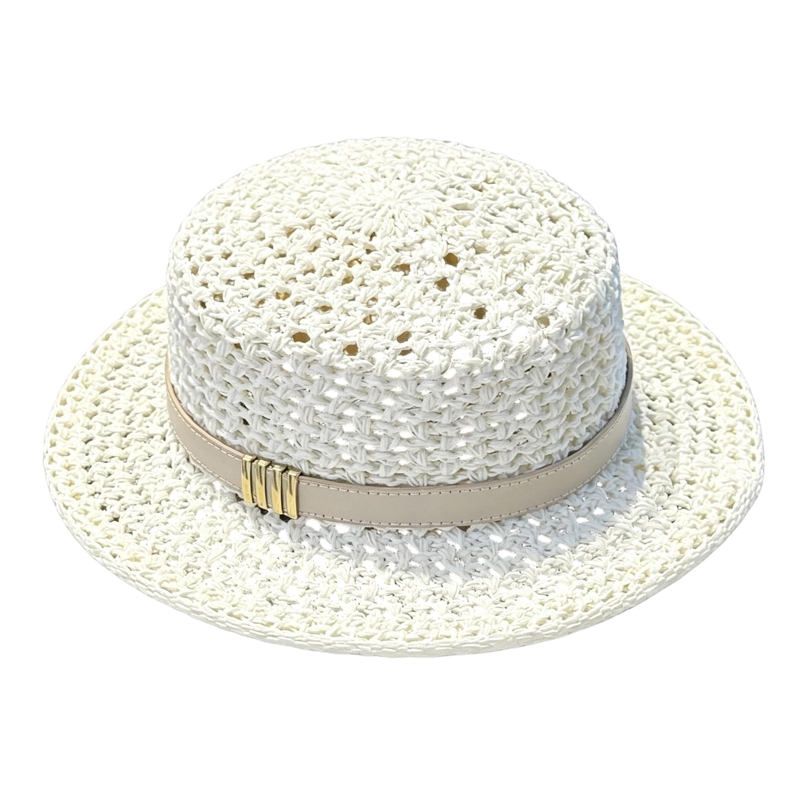 matumou Flat Top Knitted Hat, Leather Strap Wide Brim Hat, Breathable Hollow Weave Summer Hat for Outdoor Travel