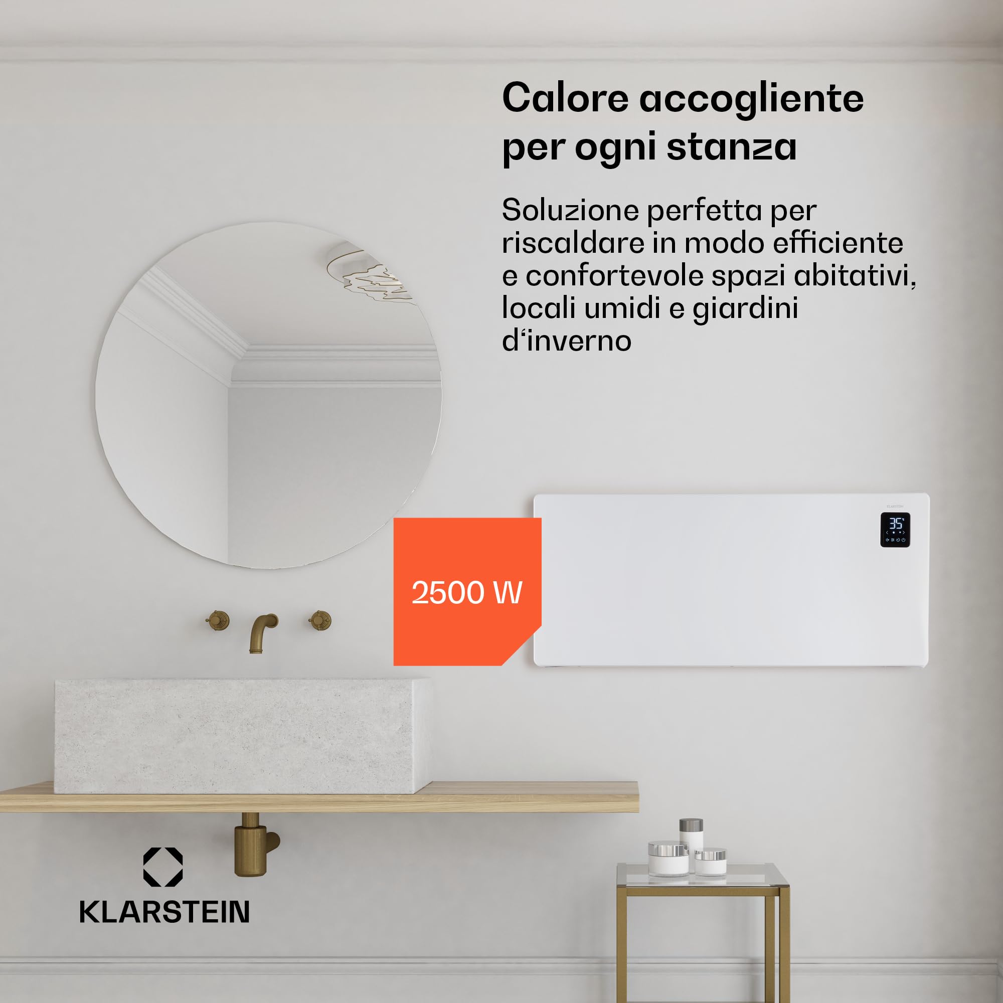 Klarstein Stufa Elettrica Basso Consumo, Stufa Elettrica 2500W, Termoconvettore Elettrico a Parete con Termostato, Termosifone Elettrico Basso Consumo, Calorifero Riscaldamento Smart