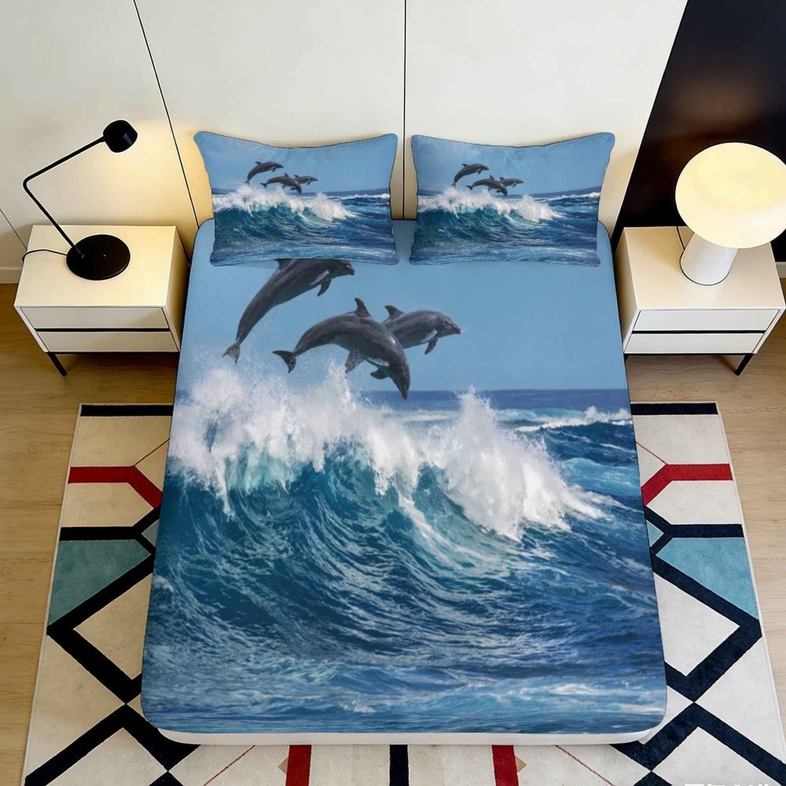 3D Printed Dolphin Ocean Wave Fitted Sheet Microfiber Soft Breathable Bed Sheet for Bedroom Guest Room Decor 90x200x25cm