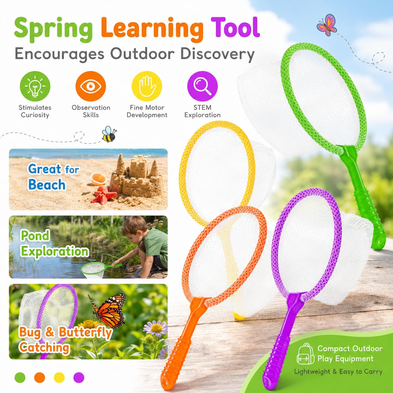 4 Stück Fischernetz, Schmetterlingsnetze aus Kunststoff, Frühlernwerkzeug, Outdoor-Fischernetz, Insektenfängernetze, Insektenfängernetze, Ideal für Badewanne, kompaktes Outdoor-Spielzeug