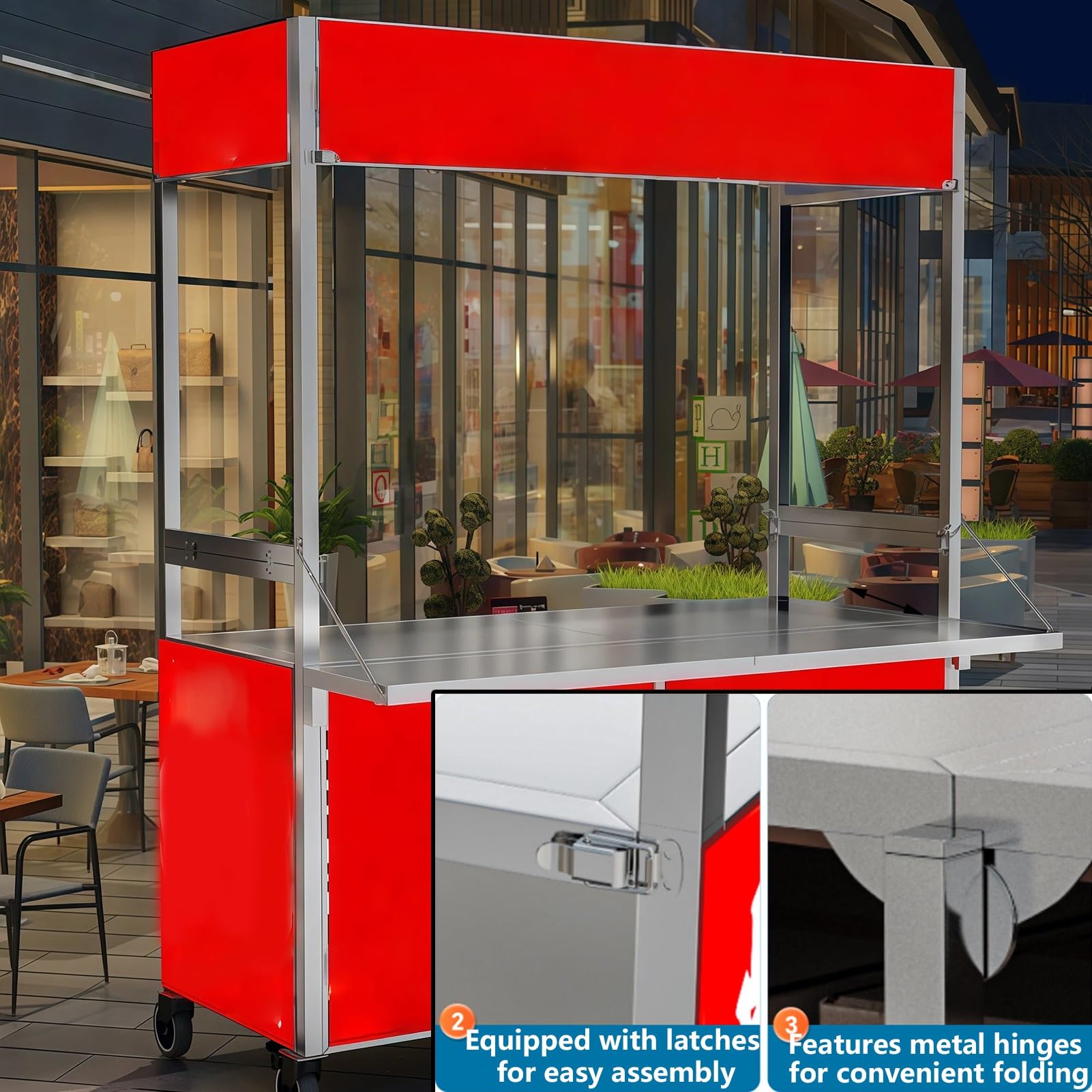 Carrello portatile per alimenti con ruote, carrello pieghevole in metallo, grande stoccaggio, ruote girevoli a 360° bloccabili, piano di lavoro estensibile per mercati e cibo da strada