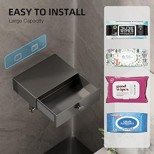 Miniatura 2 de VOLDRA Soporte de papel higiénico con estante adhesivo para papel higiénico con cajón de almacenamiento, dispensador de toallitas para baño, soporte