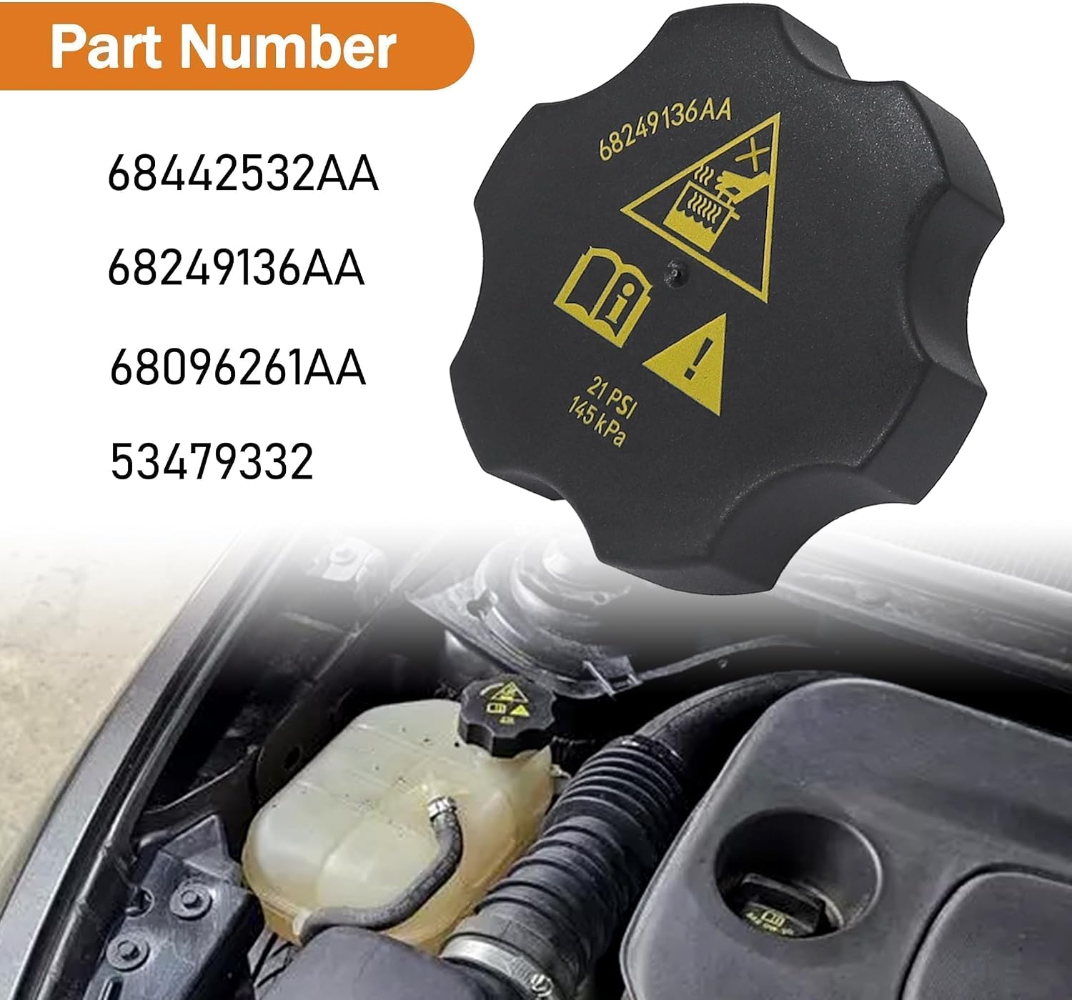 Radiator Coolant Reservoir Recovery Cap Compatible with 2013-2021 Ram 1500 2500 3500 4500 5500 for Chrysler for Dodge for Jeep Compass Cherokee Renegade Grand Cherokee Durango Replace 68442532AA