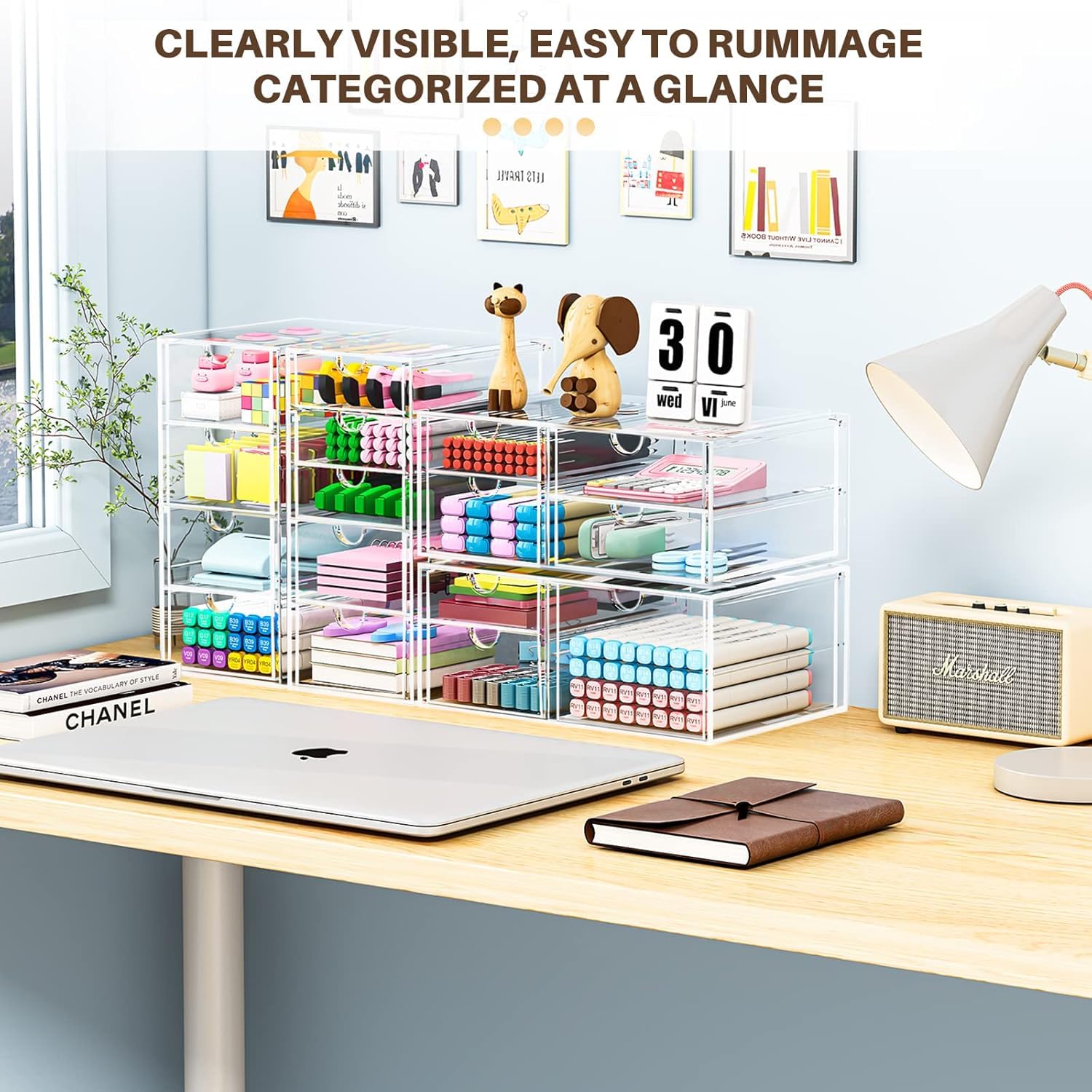 Archiviazione dell'organizzatore per trucco con 16 cassetti, forniture per ufficio desktop da 4 pezzi, organizzatori della scrivania, accessori per scrivania chiari per trucco, gioielli, penna ecc.