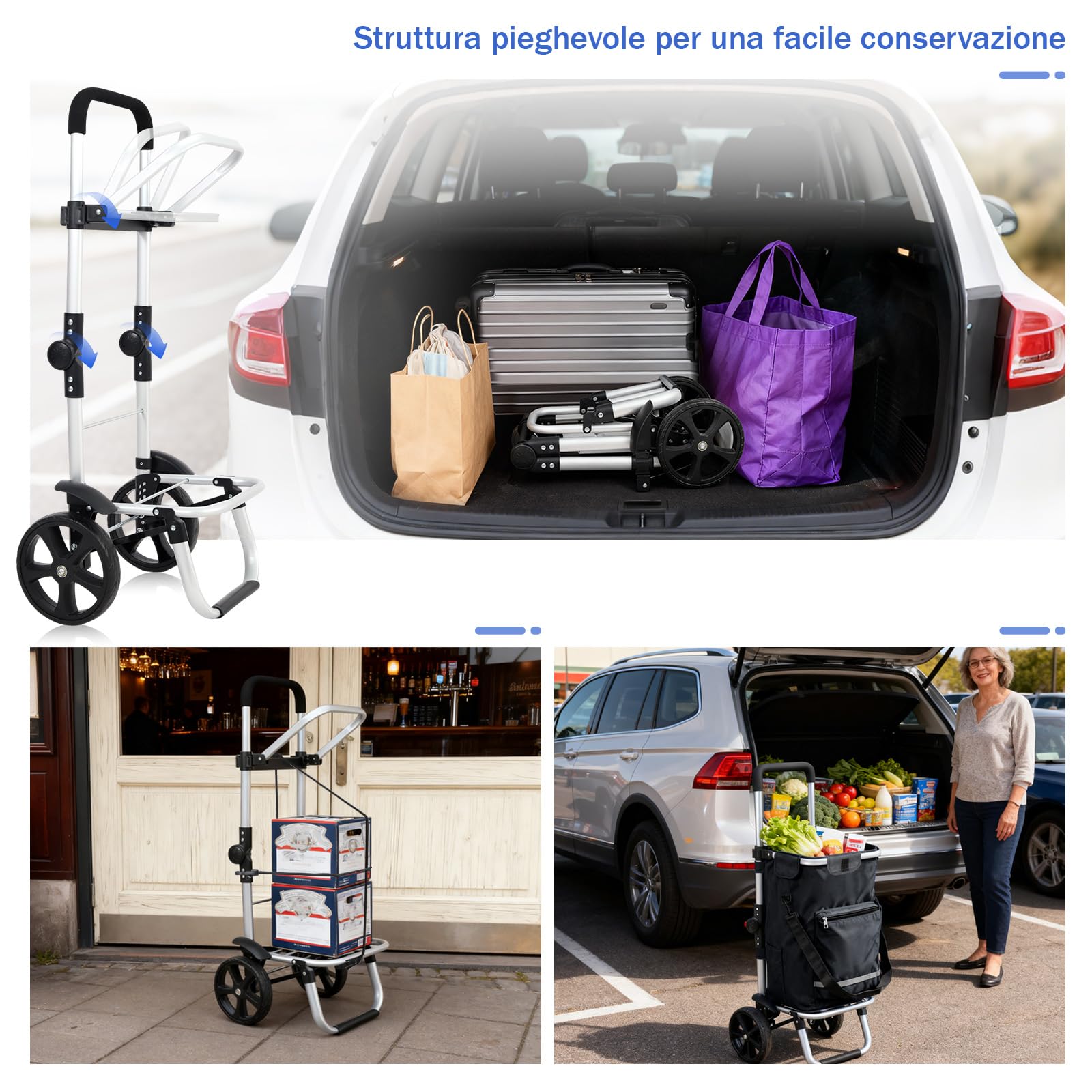 Sekey Chariot de Courses Pliable avec Sangle de Fixation, Caddie Isotherme 3 en 1 avec Sac à Bandoulière et Porte-Bouteille, Trolley et Diable Pliable Idéal pour les Courses et le Camping – Noir