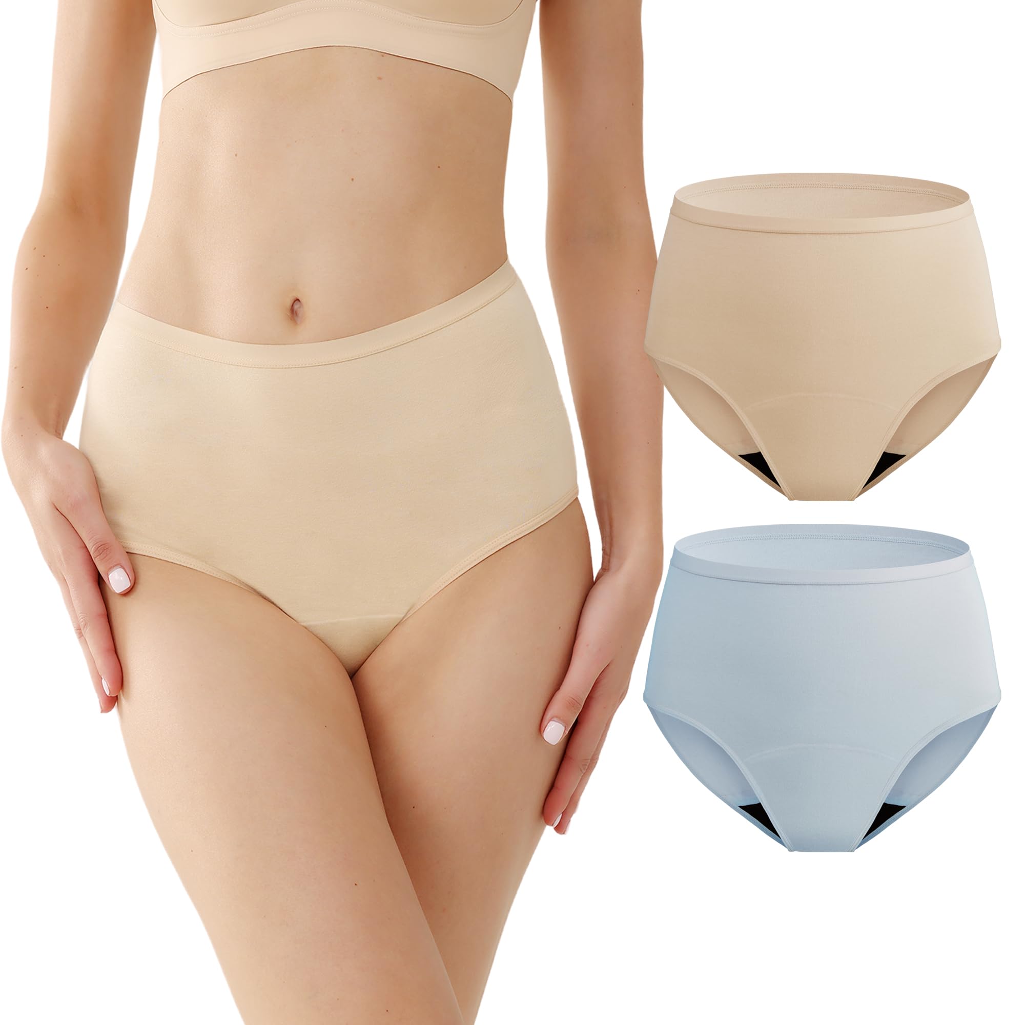 REELINDRY Womens Incontinence Underwear Washable, 2 oz Absorbency Leakproof Panties for Female Urinary Leakage 2 Pack (Beige-Light Blue, L)