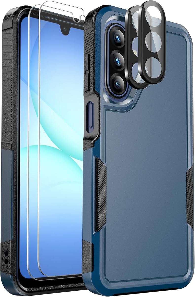 for Samsung Galaxy A17 5G Phone Case, [Military Grade Drop Protection] [Glass Screen Protector + Camera Lens Protector] Non-Slip Shockproof Case (Blue)