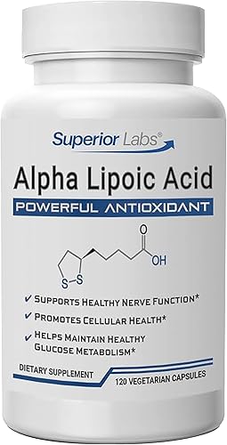 Superior Labs ácido alfa lipoico (ALA) NonGMO puro, 120 cápsulas vegetales de 600 mg cada una. Sin aditivos sintéticos, ni ácido esteárico, ni