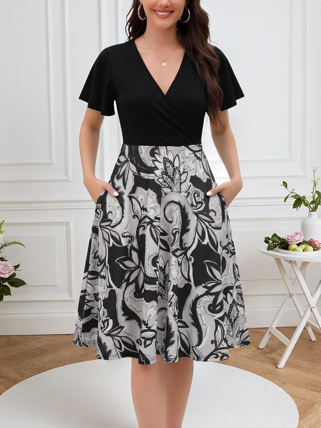 Women's Summer Dress 2026 Vintage Casual Office Professional Elegant Work V Neck A Line Knee Length Dresses with Pockets 560