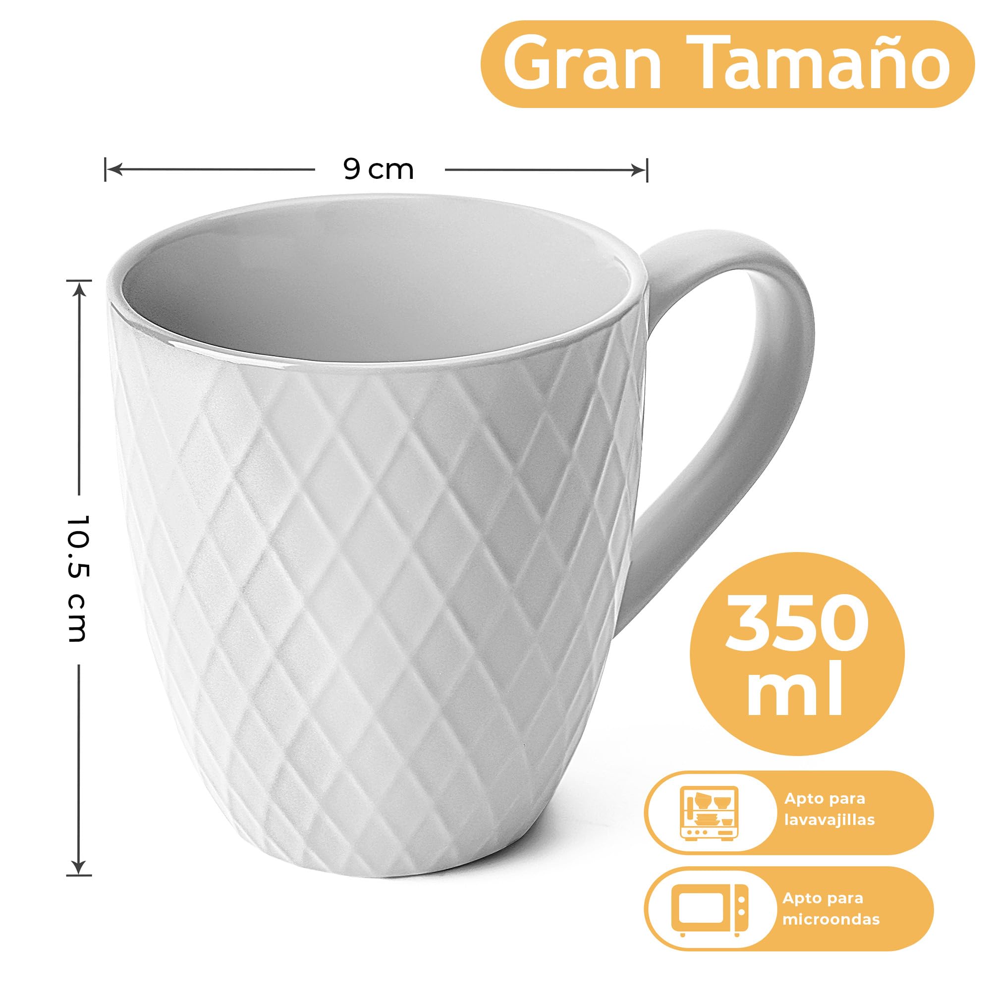 MIAMIO - Tazas grandes de café (6 × 350 ml), set de 6 - Palmanova (Blanco) | Tazas grandes de cerámica para cappuccino, té y latte macchiato; set de 6 tazas de café, todas aptas para lavavajillas