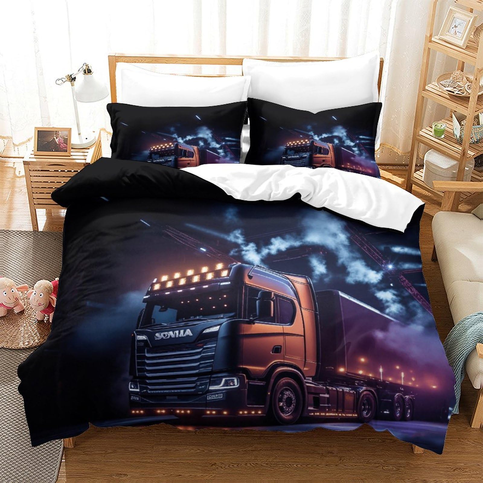 XiaopangXY Lorry Bedding Set Finesse Duvet Cover, Sheet & Pillowcase Breathable Brushed Microfiber Truck Comforter Cover with Hidden Zipper, Luxury Quilt Cover Set King（220x240cm）